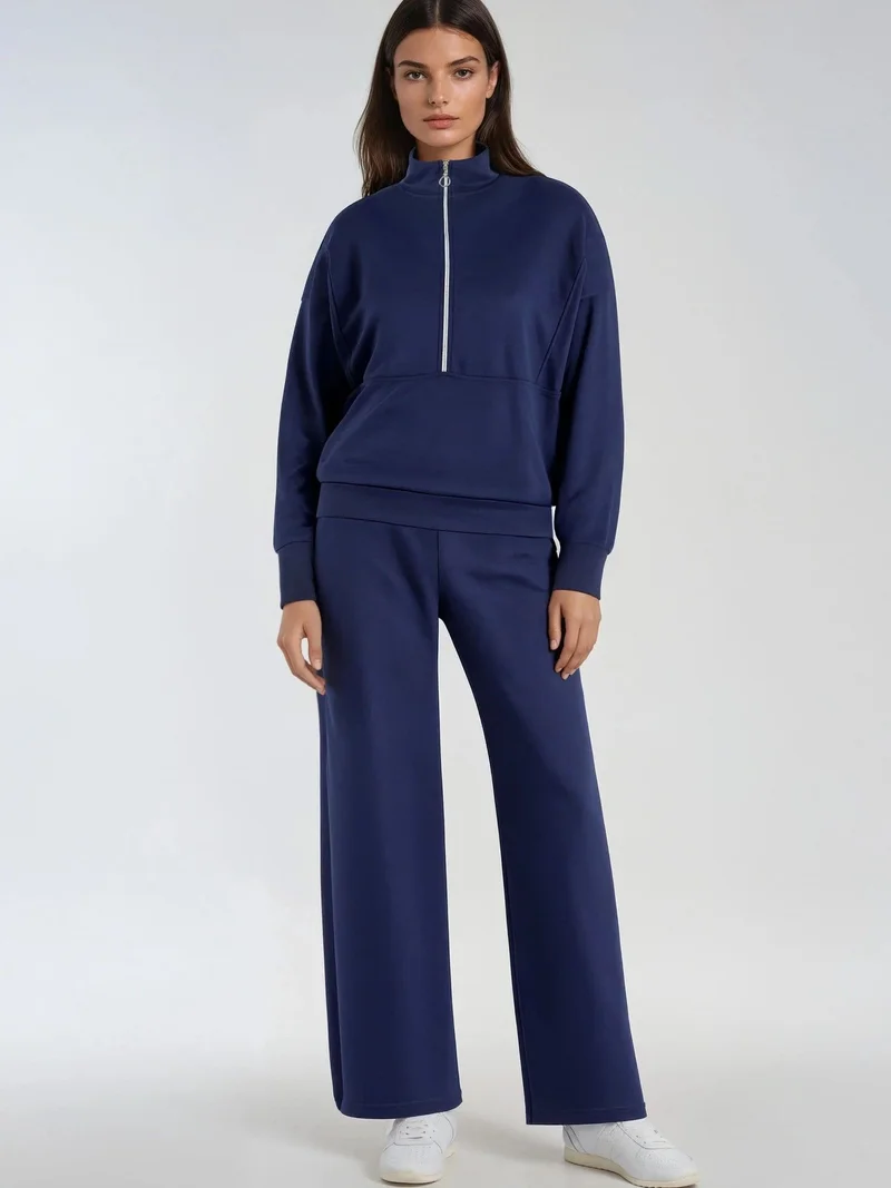 Hiccup Navy Blue Modal Touch Two-Piece Wide Leg Set with Zipper Collar Bersan Collection for Women | Best Price UAE